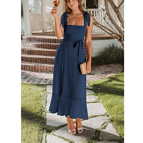 Image of Square Neck Adjustable Strap Midi Dress, Belted A-Line Dress | Lightweight square-neck midi with adjustable straps, belted waist and A-line skirt for work, parties or weekends.