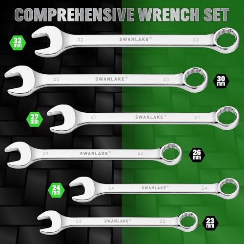 Image of 6-Piece All-Purpose Combination Wrench Set, Metric & Standard 23mm, 24mm, 26mm, 27mm, 30mm, 32mm, Heat Treated CR-V, 12-Point Box End Big Wrench Set, Master Long Mechanic Tool Set with Rolling Pouch