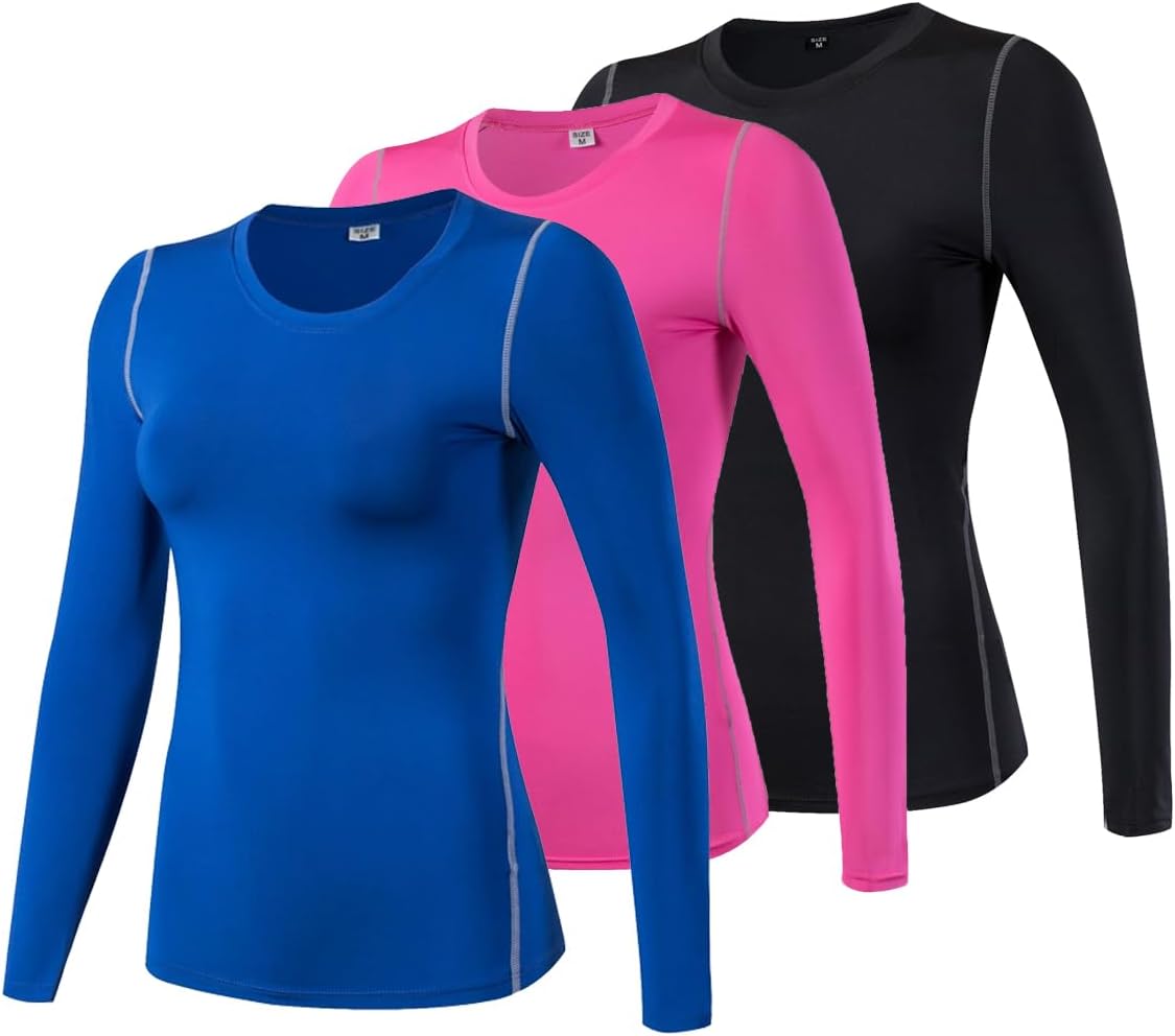 3 Pack Women's Long Sleeve Workout Shirt O-Neck Quick Dry Compression Athletic T-Shirts Yoga Gym Sports Tops