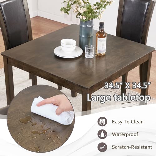 Image of KEIKI 5-Piece Standard Height Dining Table Set with Square Table, 4 Upholstered Chair, for 4 Person, Farmhouse Rustic Style Table Set, Easy Assembly, for Kitchen, Dining Room, Dark Walnut