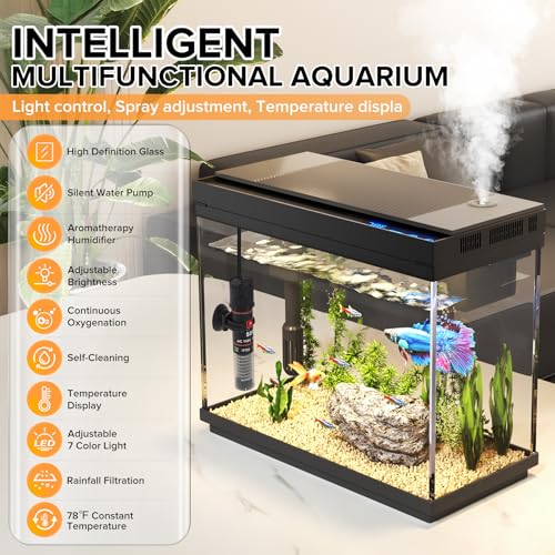 Image of Vehipa Fish Tank 2.4 Gallon Aquarium with Heater, 3-in-1 Silent Pump with Filteration & Oxygenation & Circulation, 7-Color Timer Cycle Light, Temperature Display, Humidifier, HD Glass Fish Bowl | 3-in-1 Silent Pump,7-Color Light, Temperature Display, Humidifier, HD Glass