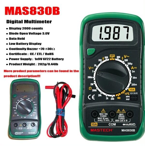 MAS830B Digital Multimeter with features listed
