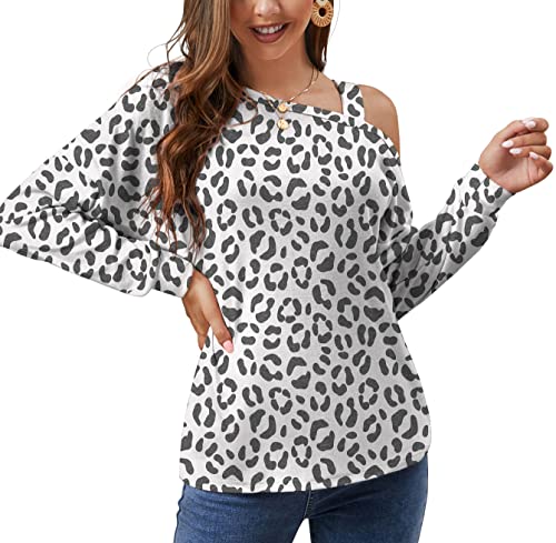 Jinkesi Women's Long Sleeve Tunic Tops Casual Cold Shoulder Blouse Shirts Fp-Leopard White-Medium #TOP2