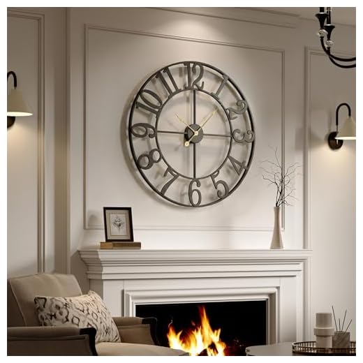 Cuspin Large Wall Clock for Living Room Decor, 30 Inch Decorative Wall Clocks Battery-Operated Silent Non Ticking Metal Modern Black Round Clock Arabic Numerals