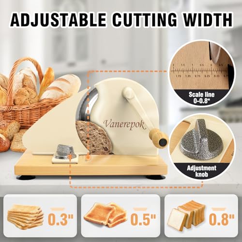 Image of vanerepok Manual Bread Slicer Adjustable Thickness for Homemade Sourdough | Hand Crank Bread Cutter with Scale & Stable Suction Cups & Wood Base for Even Slicing Perfect Baking Gift for Home Bakers