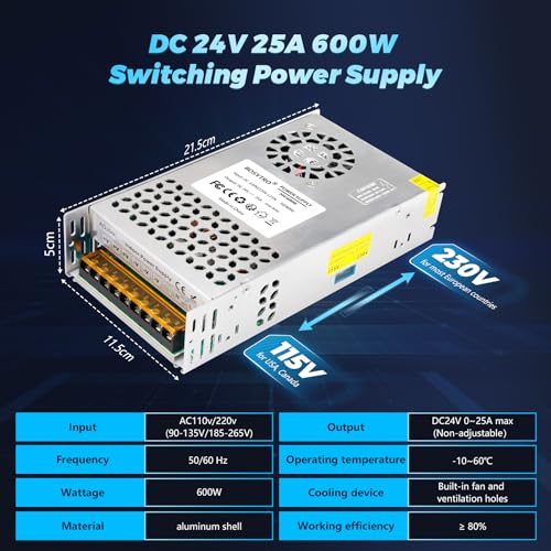 Image of 24V 25A 600W DC Switching Power Supply, AC 110v to 24v Converter (SMPS), 24 Volt Power Supply for LED Strip Light, CCTV Camera Security System,3D Printer