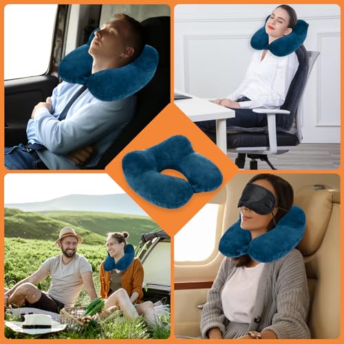 Oreiller de Voyage Gonflable, Compact Coussin de Voyage, Coussin de Voyage Avion Gonflable, Support de Cou en Velours Doux pour l'avion, Le Train, la Voiture et Le Bureau avec Masque pour Dormir – Image 7