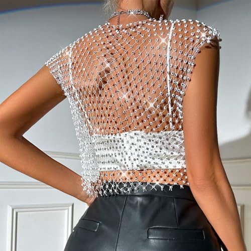 Rhinestone Crystal Crop Top, Sleeveless Mesh Body Chains, See Through Mesh Diamond Fishnet Shirts Outfits4