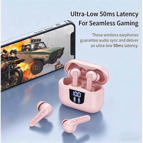 Image of Nyxo K06 Wireless Warbuds Woise Cancellation with LED Power Display, Type-C Fast Charging, 50ms Low Latency, Lightweight BT V5.4, 3D Spatial Audio, 10mm Rich Bass DriversClear Calls (Pink)