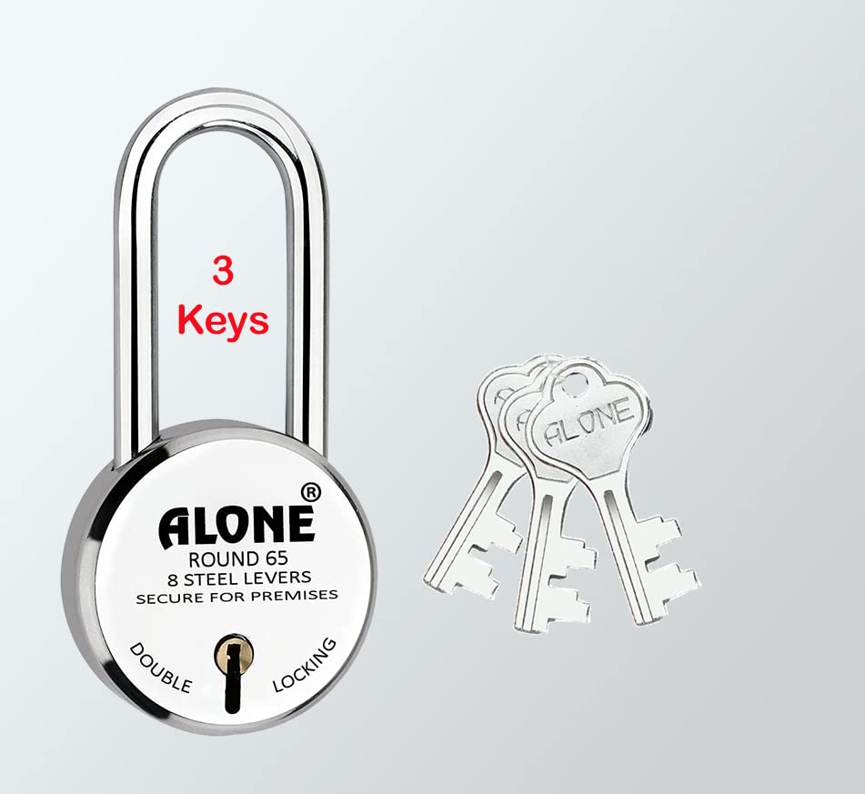 Alone Locks 65mm New Round Padlock with Long Shackle | Double Locking | 8 Steel Levers 3 Keys | Lock and keys for Home Door Main Gate Shop Truck Shutter Lock | Steel Body | Made in India | (Pack of 1)-image-19