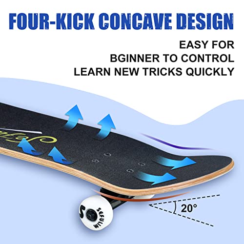 Image of 31 x 8 Inch Complete Skateboard 7 Layer Canadian Maple Double Kick Deck Concave Cruiser Trick Skateboard for Boys Girls Teens Adults Beginner