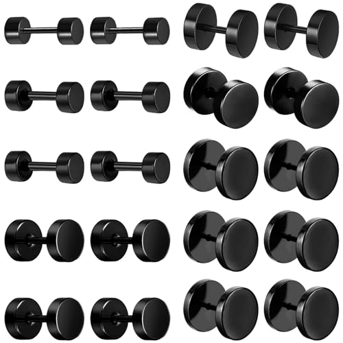 NEWITIN 10 Pairs Black Stud Earrings for Men Faux Gauges Earring Hypoallergenic Earring Ear Tunnel Stainless Steel Dot Earrings for Men Women, 18G Round Ear Studs 3mm-14mm
