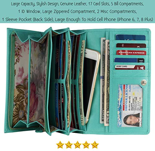 Image of Women's Top Grain Leather Wallet, RFID Blocking Bifold clutch, 17 Card Slots, Zip Pocket Organizer, Elegant Gift for Women - Birthday, Valentine, Anniversary - AQUA