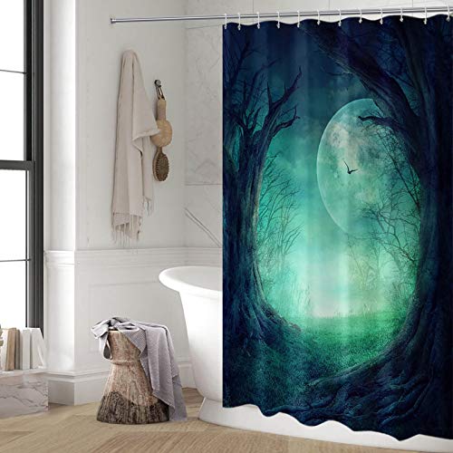 Broshan Forest Fabric Shower Curtains For Bathroom, Enchanted Bathroom Shower Curtain Mystical Full Moon Trees Print Nature Shower Curtain, Dark Green Fabric Bathroom Decor Set With Hooks #TOP2