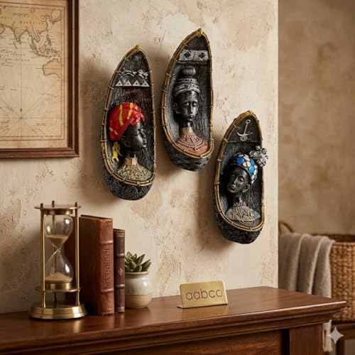 Image of Vibrant Beautiful Finish Uniquely Hand Crafted Home Decor African Tribal Women Art Piece (African Face Lady Set of 3)