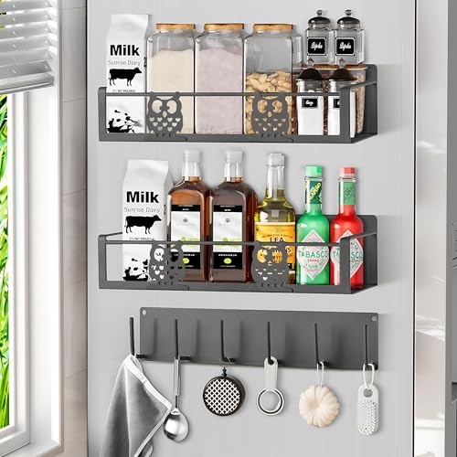 Image of Spice Rack Magnetic for Fridge,Magnetic Fridge Shelf,Spice Shelf,Condiment Organizer,Refrigerator Organizers and Storage with Magnetic Hooks,Owl Kitchen Decor(Gray)