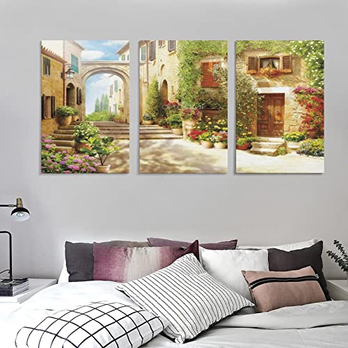 Tuscany Town Canvas Wall Art Old Mediterranean Street And Flowers Wall Decor Cityscape Picture Artwo Canvas Painting Wall Art Poster For Bedroom Living Room Decor 24X36Inch(60X90Cm) Frame-Style #TOP3