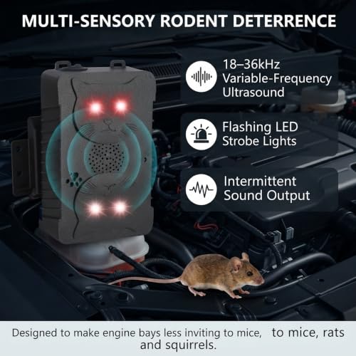 Image of 4 Pack Under Hood Rodent Repellent for Cars, Ultrasonic Strobe Deterrent