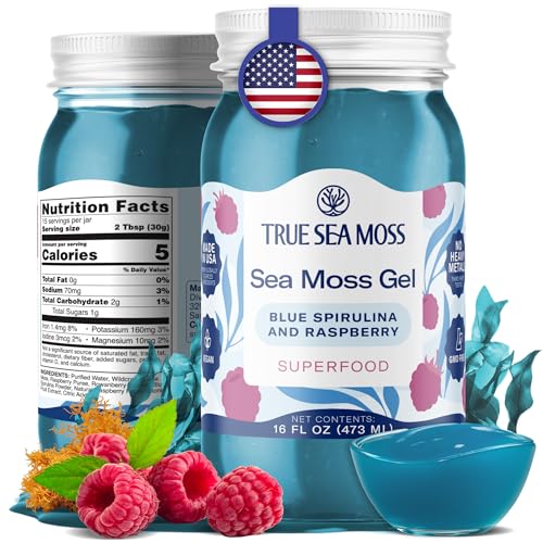 TrueSeaMoss Sea Moss Gel – Made in USA – Wildcrafted Seamoss, Fruits & Jarred Vegetables – Blue Spirulina, Pack of 1 (Labels may Vary)