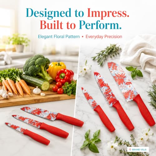 Image of BRAND VILLA Kitchen Knife Set of 3, Ultra Sharp Stainless Steel Chef Knife, Utility Knife & Paring Knife, Non-Stick Coated Blades, Ergonomic Anti-Slip Handle for Fruits, Vegetables & Meat (Red)