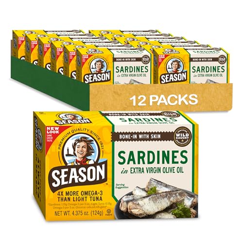 Season Sardines in Extra Virgin Olive Oil - Wild Caught, 22g of Protein, Keto Snacks, More Omega 3's Than Tuna, Kosher, High in Calcium, Canned Sardines - 4.37 Oz Tins, 12-Pack