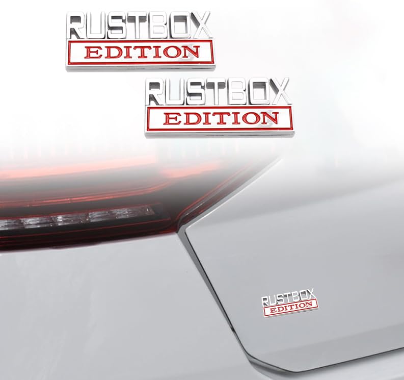 Image of 2 Pcs RUSTBOX Edition Emblem Car Side Rear Front Hood Trunk Door Badge 3D Decal Sticker Fit for Car Truck SUV (RUSTBOX, Silver Red)