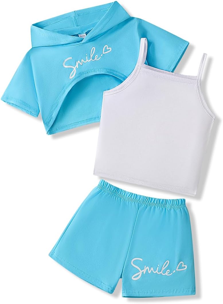 Size 6-12 Years Girl's 3 Piece Summer Outfits Hoodie Graphic Crop Tee and Cami Top with Kids Shorts Set