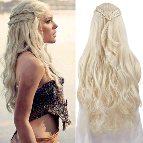 PORSMEER Long Blonde Wavy Wig Braided for Women Ideal for Cosplay & Anime Halloween Compatible with Mother of Dragon Khaleesi | Dragon Queen Daenerys Wig