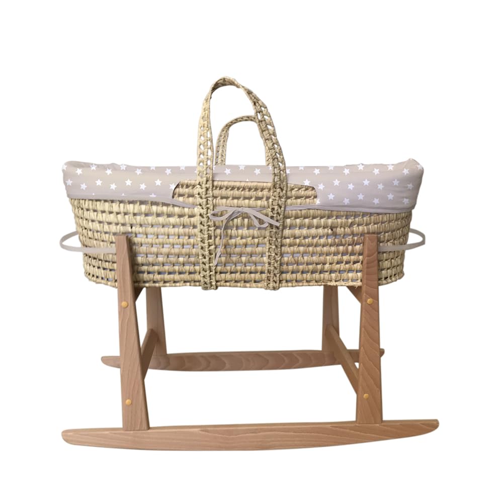 Tanuki Moisés de Mimbre Natural para Bebé con Base de Madera - Hecho a Mano - Colchón Incluido - Estilo nórdico Cloe B Beige