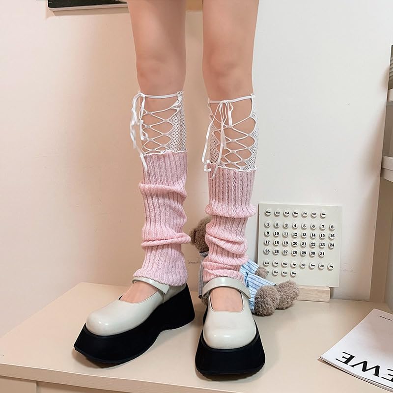 Image of Violet Mist Leg Warmers for Women Long Cotton Ribbed Knit Socks Knee High | Cute Funny Lace Fishnet Patchwork, 80s Retro Style, Kawaii Japanese Lolita Party