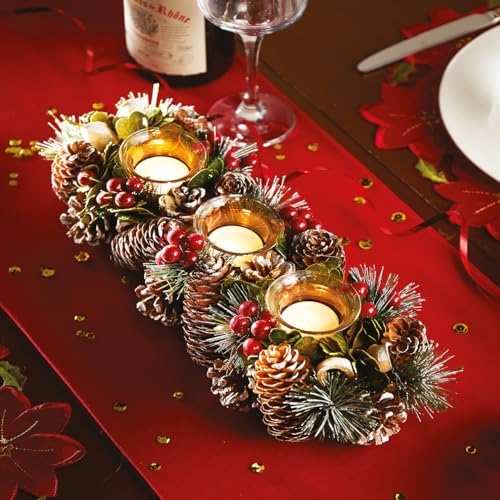 Christmas Table Candle Holder Decoration Artificial Holly, Berry