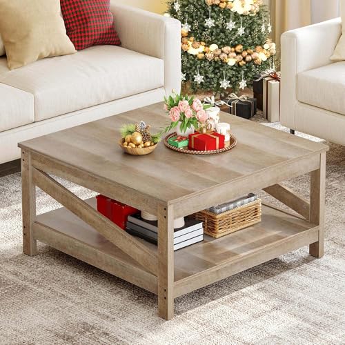 YITAHOME Square Coffee Table with Storage, 2-Tier Farmhouse Coffee Tables for Living Room, Wood Living Room Table Industrial Small Farmhouse Cocktail Table, Grey