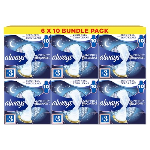 Always Infinity FlexProtect Sanitary Towels, Size 3 Night, 6 Packs of 10 Count, Unscented, for up to Zero Feel & Zero Leaks, Super Absorbent & Flexible Protection