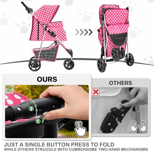 Image of MoNiBloom 3 Wheels Pet Dog Cat Stroller for Small Medium Dogs Cats, Foldable Jogger Stroller w /Storage Basket and Cup Holder, Hot Pink Polka Dots