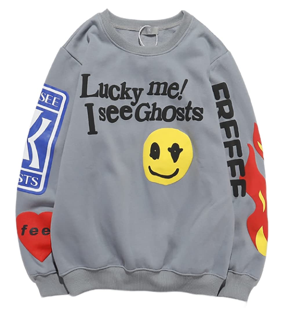 Silver BasicMen's Lucky Me I See Ghosts Sweatshirt Crew Neck Sweater Fashion Street Rapper Kanye Hoodie