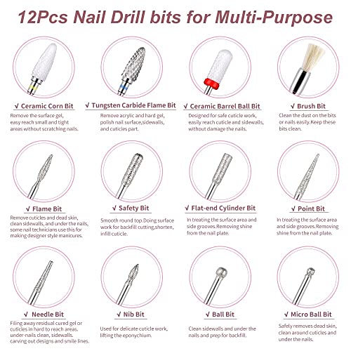 Electric Nail Drills Cordless, Ikoco Nail Drills For Acrylic Nails Professional Nail Dremel Rechargeable Electric Nail File With 12Pcs Efile Nail Drill Bits Kit For Gel Nails Cuticle, Pink #TOP7
