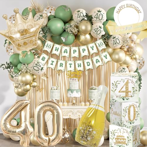 Decoración 40 Cumpleaños Mujer, Verde y Dorado Globos 40 Cumpleaños, Con Pancartas de 40 años, Banderín de Cumpleaños, Cajas de Fiestas, Decoración de Artículos de Fiesta Para Mujeres de 40 años
