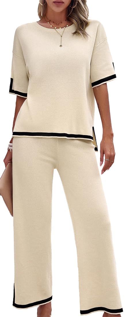 OLIPHEE Mujer Conjunto Chándal Traje De Punto Dos Piezas Casual Tejido Conjunto De Camiseta De Manga Corta Y Pantalones Conjunto De Pijama Cómodo Moda Color Sólido Verano