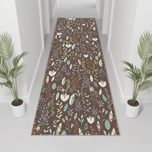 キッチン 廊下敷き キッチンマット ロールカーペット キズ防止 耐摩耗性 おしゃれ 多色×サイズ選べる 100×200cm ブラウンベース1 葉っぱ柄 ナチュラル パステルカラー フォレスト風