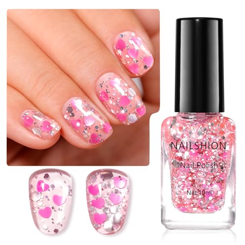 Nailshion Nail Polish Hot Pink Hearts Confetti Regular Nail Polish Quick Air Dry Non-gel Rich in Castor Oil Vegan Cruelty-free Ombre Sparkle Nail Art DIY Home Travel Manicure