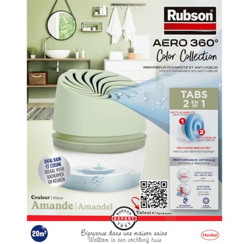 Rubson | Absorbeur d'Humidité Aero 360° Couleur Amande (1 appareil + 1 recharge de 450 g) – Absorbeur anti-humidité pour pièce jusqu'à 20 m² –...