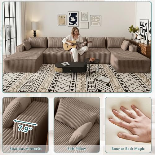 Image of 160 inch U-Shape Cloud Couch, Modern Modular Sectional U-Shape Sofa, Corduroy Boneless Couch Upholstered Couches Deep Seat Sleeper Chaise Longue for Living Room, No Assembly Required,Camel