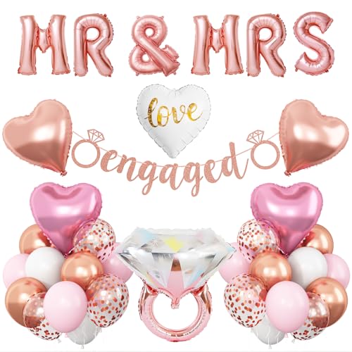 Image of Rose Gold Engagement Decorations, MR MRS Balloons Pink White Confetti