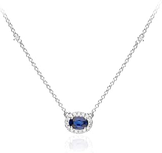 Pingente de safira azul genuíno de ouro branco 14K com diamantes para mulheres | Joias feitas à mão de safira de origem ética, autêntica e orgânica (corte oval) para ela | Colar de safira para mulheres, Ouro branco, Diamante