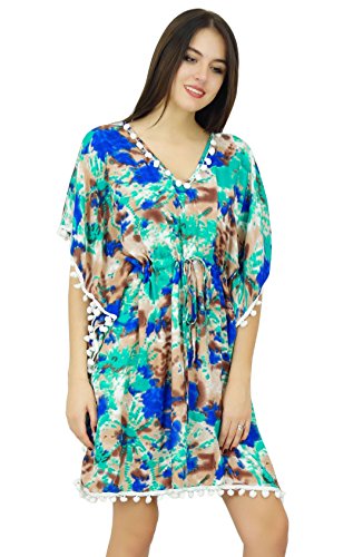 Bimba Womens Short Printed Caftan with Pom-Pom Beach Cover Up Designer Drawstring Kaftan3