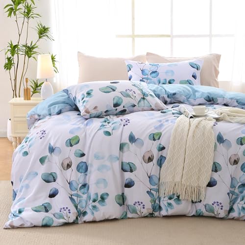 MUXHOMO Duvet Cover Queen Size, Reversible Floral Blue Duvet Cover Set with Zipper Closure, 3 Pieces Botanical Patterns Soft Microfiber Bedding Set with 4 Ties (90"x90", 2 Pillow Cases)