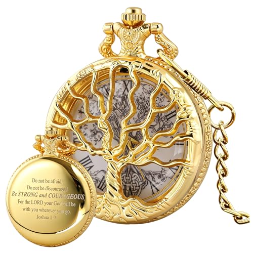Image of Tiong Pocket Watch Hollow Tree of Life Design Roman Numerals Engraved Bible Verse Quartz Pocket Watch with Chain Custom Pocket Watch Birthday Gifts