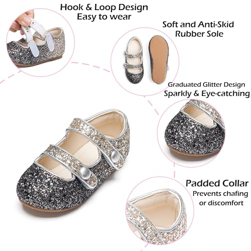 Image of PHIRAMIN Toddler Flower Girl Glitter Dress Shoes Little Girl Ballet Flats Bow Wedding Party