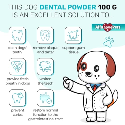 Dental Cleaning Powder Dog Breath Freshener to Help with Plaque, Tartar, & Caries โ Dog Probiotics + Valerian in The Composition โ Scoop Included โ 100 G