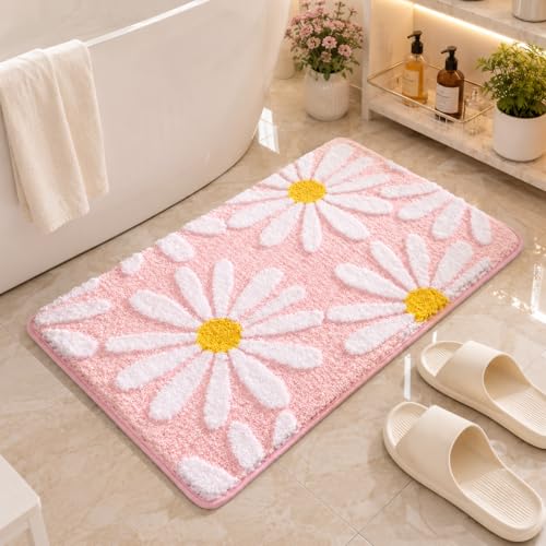 Image of Cotton Floral Door Mat | Water Absorbent, Anti-Skid, Machine Washable Floor Mat | Soft Microfiber Carpet for Home, Living Room & Bedroom | Premium Decorative Mat (Pink, Rectangular)